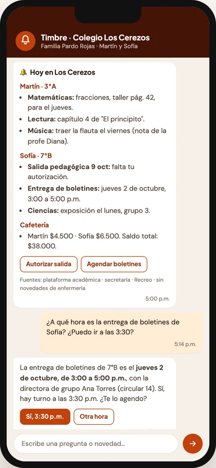 Resumen diario de Timbre en el celular de una familia: tareas, notas de docentes, circulares pendientes y cafetería por cada hijo